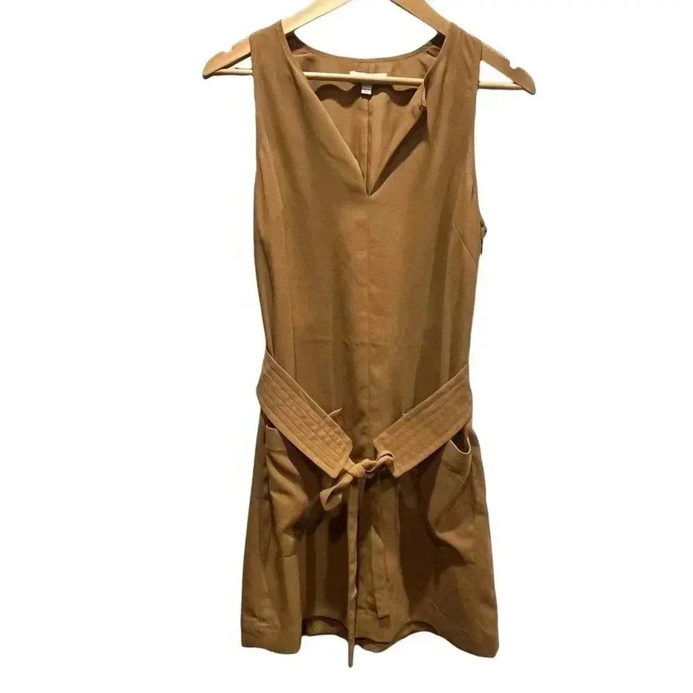 JOIE Puck Tie Waist Lined Keyhole Crepe Mini Dress in Oak Size S - Picture 3 of 12